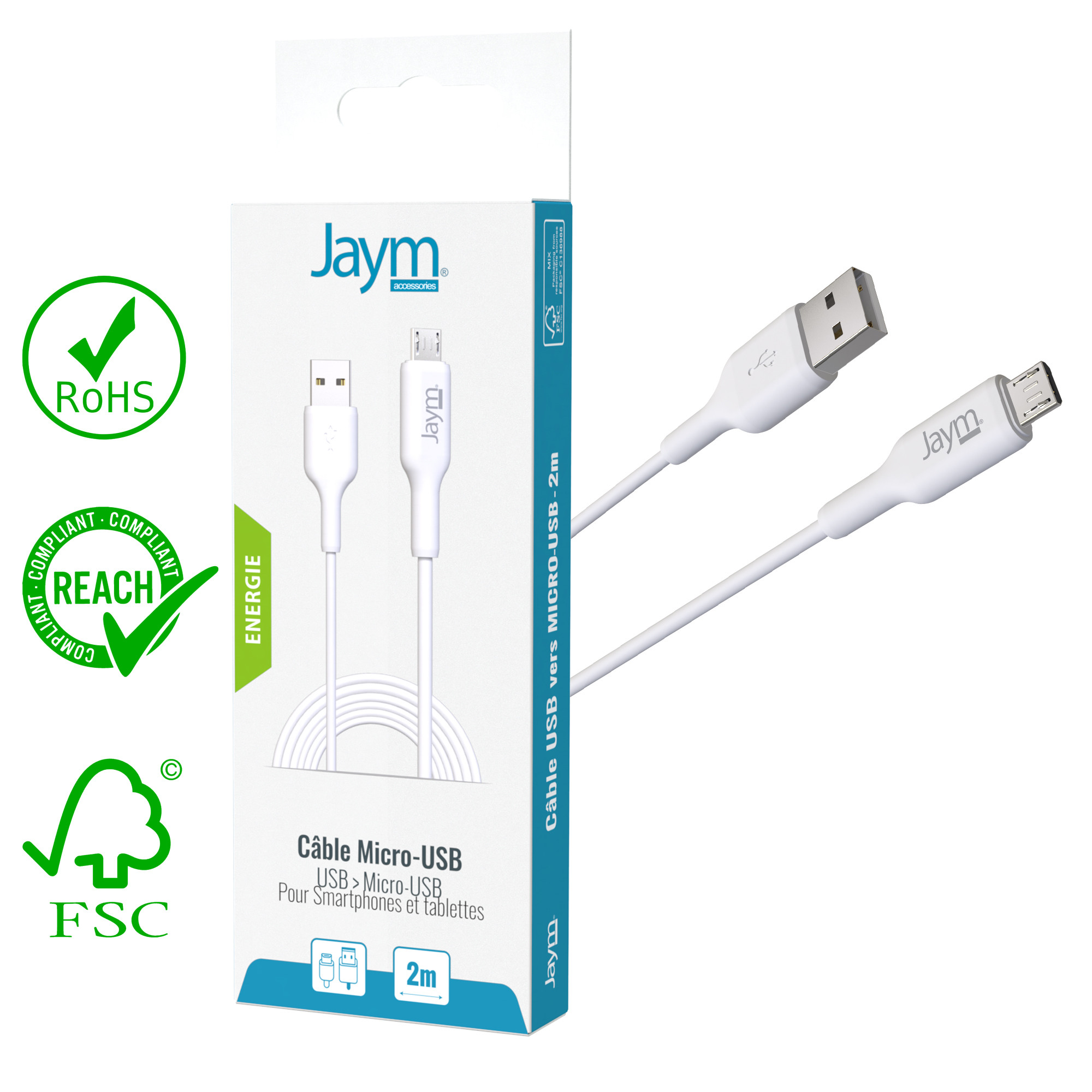 CABLE CHARGE SYNCHRO USB VERS MICRO USB 2M BLANC JAYM JMCABLE006