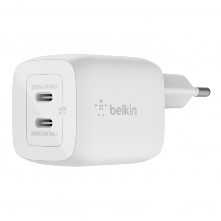 CHARGEUR SECTEUR RAPIDE 2 USB-C GAN 45W PD-PPS (USB-C 25W/45W + USB-C 20W/45W) BLANC - BELKIN