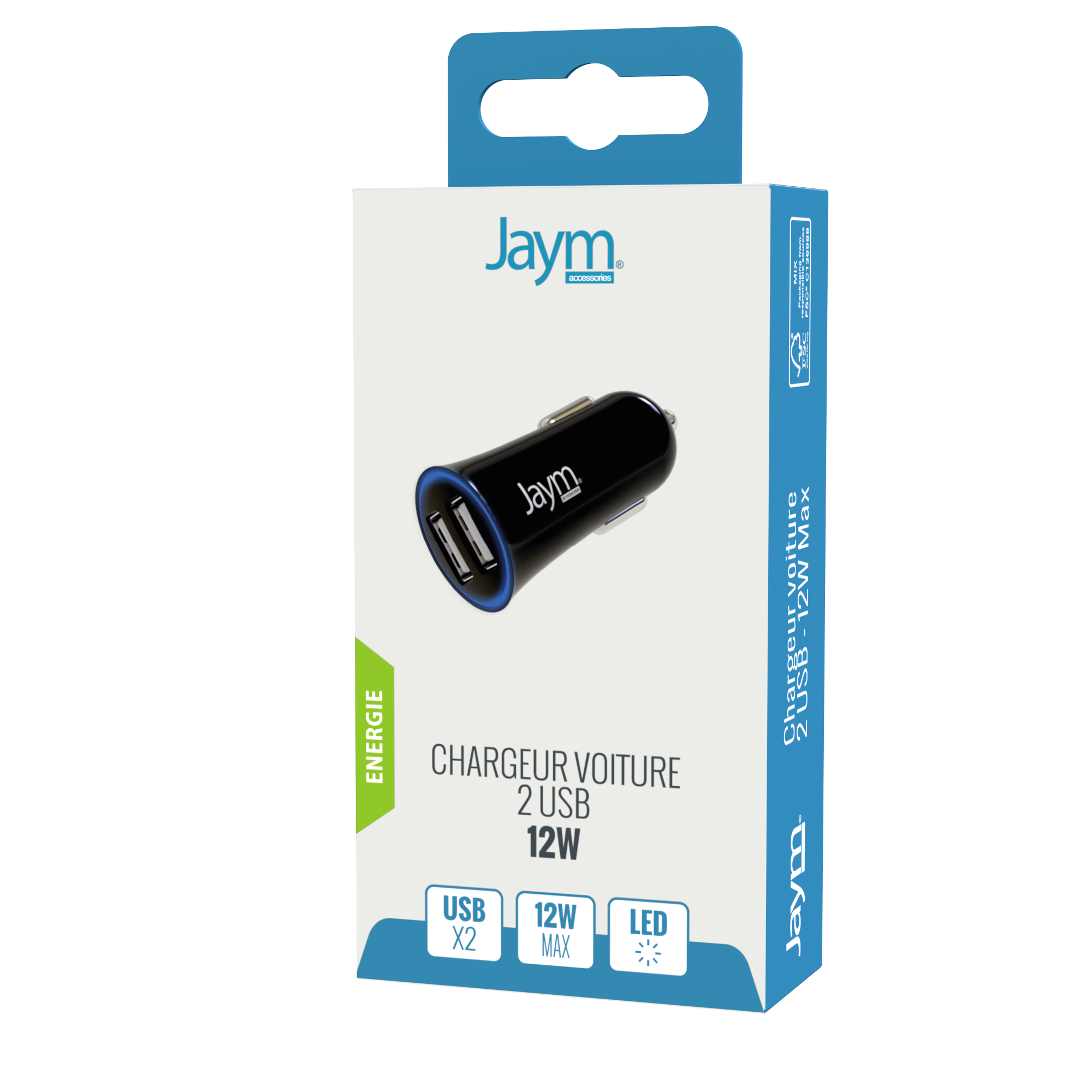 JAYM - Chargeur allume cigare pour voiture - 1 USB + câble USB-C vers USB-C  - blanc