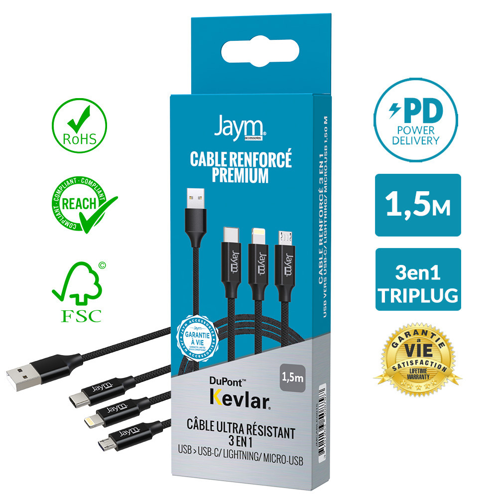 CABLE CHARGE & SYNCHRO POWER DELIVERY USB-C VERS LIGHTNING MFI 1M NOIR -  JAYM® (JMCABLE016)