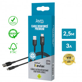 CABLE CHARGE & SYNCHRO ULTRA RENFORCÉ USB-A VERS USB-C - LONGUEUR 2,5M - GARANTIE A VIE - JAYM®**