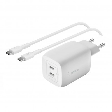 PACK CHARGEUR SECTEUR RAPIDE 2 USB-C GAN 65W PD-PPS (USB-C 20W/65W + USB-C 45W/65W) + CABLE 2M USB-C VERS USB-C BLANCS - BELKIN