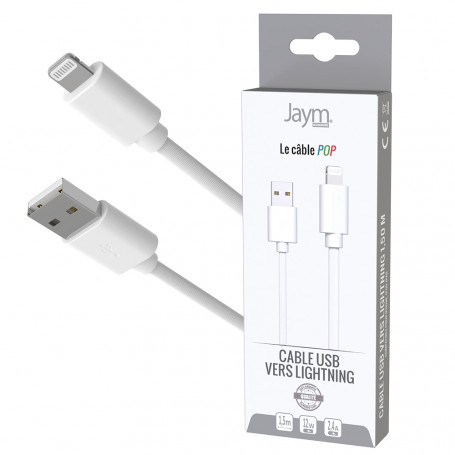 CABLE CHARGE & SYNCHRO USB-A VERS LIGHTNING - LONGUEUR 1.5M - BLANC - JAYM® COLLECTION POP