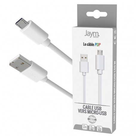 CABLE CHARGE & SYNCHRO USB-A VERS MICRO-USB - LONGUEUR  1.5M - BLANC - JAYM® COLLECTION POP