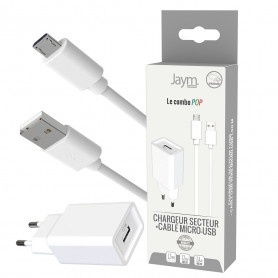 PACK CHARGEUR SECTEUR USB-A + CABLE USB-A VERS MICRO-USB 1.5M - BLANCS - JAYM® POP