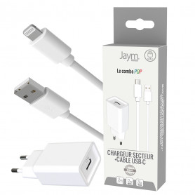 PACK CHARGEUR SECTEUR USB-A + CABLE USB-A VERS LIGHTNING 1.5M - BLANCS - JAYM® POP