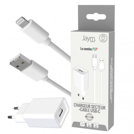 PACK CHARGEUR SECTEUR USB-A + CABLE USB-A VERS LIGHTNING 1.5M - BLANCS - JAYM® POP