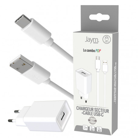 PACK CHARGEUR SECTEUR USB-A + CABLE USB-A VERS USB-C 1.5M - BLANCS - JAYM® POP