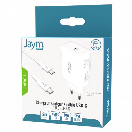 PACK CHARGEUR SECTEUR RAPIDE USB-C 30W PD ET PPS + CABLE USB-C VERS TYPE-C 2M (30W) BLANCS - JAYM®**