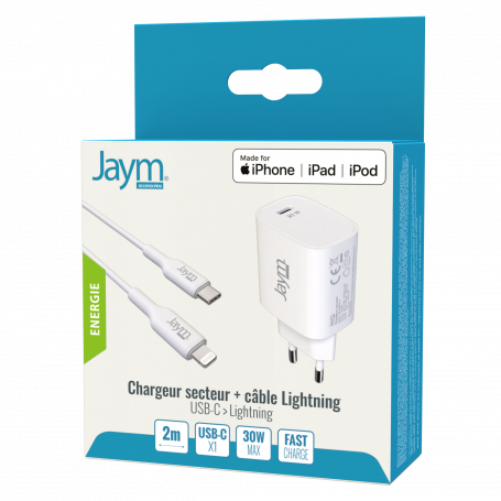 PACK CHARGEUR SECTEUR RAPIDE USB-C 30W PD ET PPS + CABLE USB-C VERS LIGHTNING MFI 2M (30W) BLANCS - JAYM®