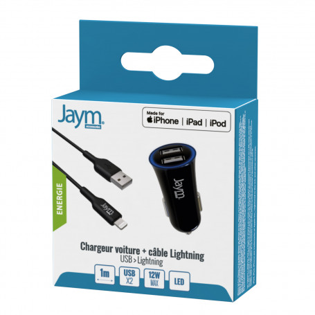 PACK CHARGEUR VOITURE 2 USB-A 12W 12-24V + CABLE USB-A VERS LIGHTNING MFI 1M NOIRS - JAYM®**