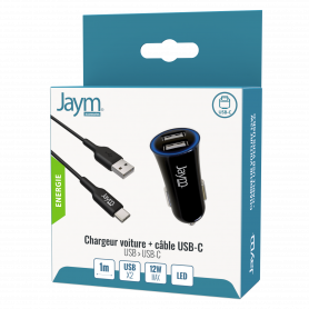 PACK CHARGEUR VOITURE 2 USB-A 12W 12-24V + CABLE USB-A VERS USB-C 1M NOIRS - JAYM®**