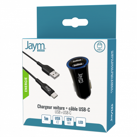 PACK CHARGEUR VOITURE 2 USB-A 12W 12-24V + CABLE USB-A VERS USB-C 1M NOIRS - JAYM®**