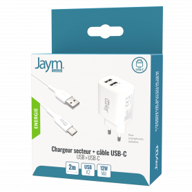 PACK CHARGEUR SECTEUR 2 USB-A 12W + CABLE USB-A VERS USB-C 2M BLANCS - JAYM®