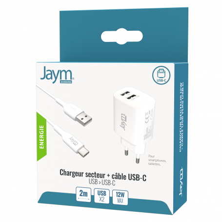 PACK CHARGEUR SECTEUR 2 USB-A 12W + CABLE USB-A VERS USB-C 2M BLANCS - JAYM®