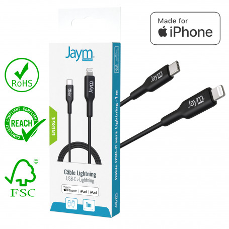 CABLE CHARGE & SYNCHRO USB-C VERS LIGHTNING MFI PD 3.0 (30W) - LONGUEUR 1M - NOIR - JAYM®