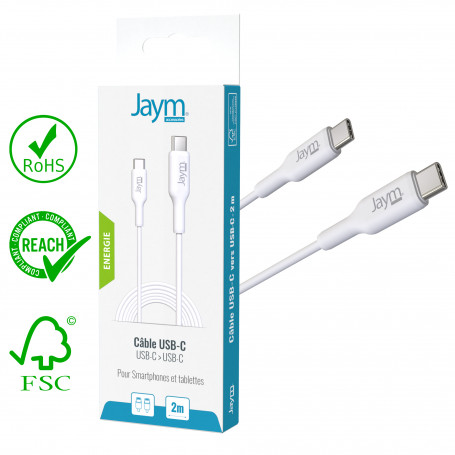 CABLE CHARGE & SYNCHRO USB-C VERS USB-C PD 3.0 (30W) - LONGUEUR 2M - BLANC - JAYM®**BASCULER SUR JMCABLE021