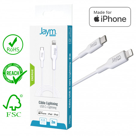 CABLE CHARGE & SYNCHRO USB-C VERS LIGHTNING MFI PD 3.0 (30W) - LONGUEUR 2M - BLANC - JAYM®