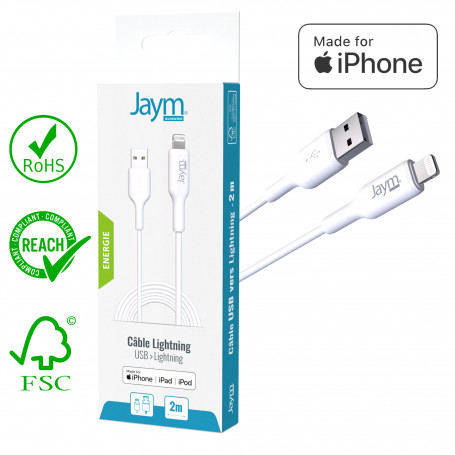 CABLE CHARGE & SYNCHRO USB-A VERS LIGHTNING MFI - LONGUEUR 2M - BLANC - JAYM®