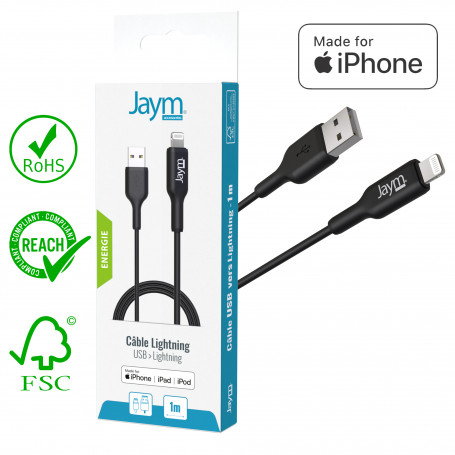 CABLE CHARGE & SYNCHRO USB-A VERS LIGHTNING MFI - LONGUEUR 1M - NOIR - JAYM®