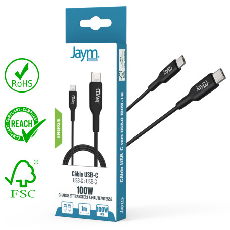 CABLE CHARGE & SYNCHRO USB-C VERS USB-C PD 3.0 (100W) - LONGUEUR 1M - NOIR - JAYM®