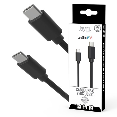 CABLE CHARGE & SYNCHRO USB-C VERS USB-C PD (27W) - LONGUEUR 1.5M - NOIR - JAYM® COLLECTION POP