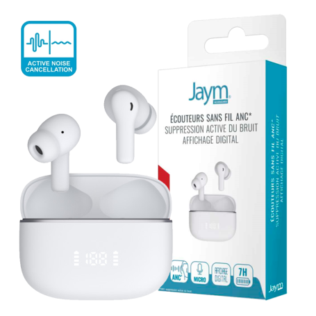 ECOUTEURS TRUE WIRELESS NOISE CANCELLING ACTIF (ANC) - AFFICHAGE DIGITAL - BLUETOOTH 5.4 BLANCS - JAYM®