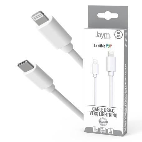 CABLE CHARGE & SYNCHRO USB-C VERS LIGHTNING PD (27W) - LONGUEUR 1.5M - BLANC - JAYM® COLLECTION POP