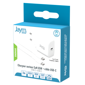 PACK CHARGEUR SECTEUR RAPIDE USB-C GAN 65W PD ET PPS + CABLE USB-C VERS USB-C 2M (100W) BLANCS - JAYM®**