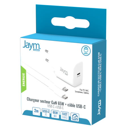 PACK CHARGEUR SECTEUR RAPIDE USB-C GAN 65W PD ET PPS + CABLE USB-C VERS TYPE-C 2M (100W) BLANCS - JAYM®