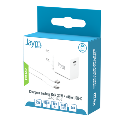 PACK CHARGEUR SECTEUR COMPACT ET RAPIDE *GAN* USB-C 30W PD ET PPS + CABLE USB-C VERS TYPE-C 2M (60W) BLANCS - JAYM®