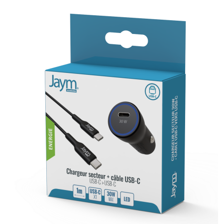 PACK CHARGEUR VOITURE RAPIDE USB-C 30W PD 12/24V + CABLE USB-C VERS USB-C 1M NOIRS - JAYM®**BASCULE SUR JMCOMBO017