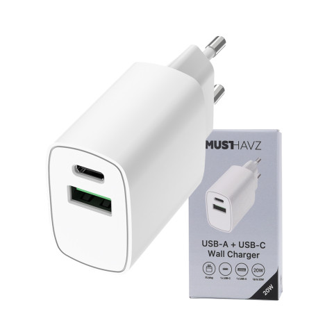 CHARGEUR SECTEUR DOUBLE USB : USB-A 18W + USB-C 20W PD - BLANC