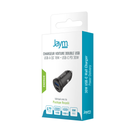 CHARGEUR VOITURE COMPACT ET RAPIDE DOUBLE USB : USB-A 18W QC + USB-C 30W PD - JAYM®