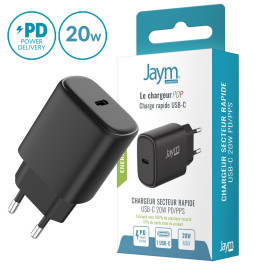 CHARGEUR SECTEUR RAPIDE USB-C 20W PD ET PPS NOIR - JAYM® POP