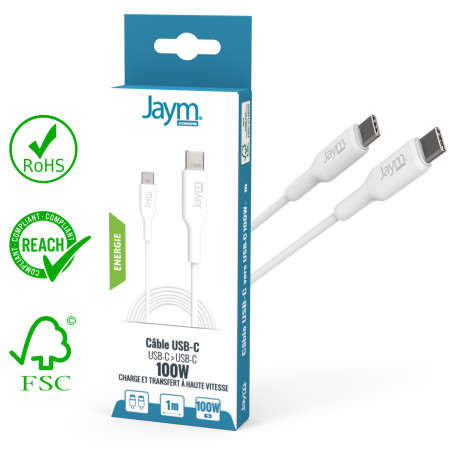 CABLE CHARGE & SYNCHRO USB-C VERS USB-C PD 3.0 (100W) - LONGUEUR 1M - BLANC - JAYM®