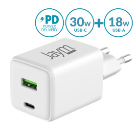 CHARGEUR SECTEUR COMPACT ET RAPIDE *GAN* DOUBLE USB : USB-A 18W QC + USB-C 30W PD ET PPS *CERTIFIÉ GRS* - JAYM®